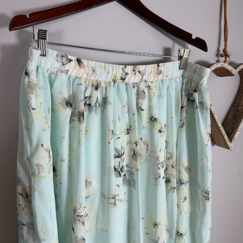 Mint Green Floral Midi Skirt Elastic Waist Lightweight Cottagecore Romantic XL - Picture 3 of 10